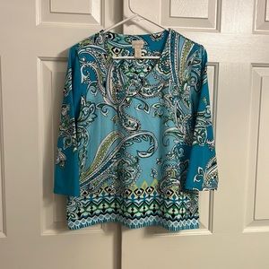 C4- Chico's Blue Green Pullover Tunic Paisley Blouse Long Sleeve Top Size 1